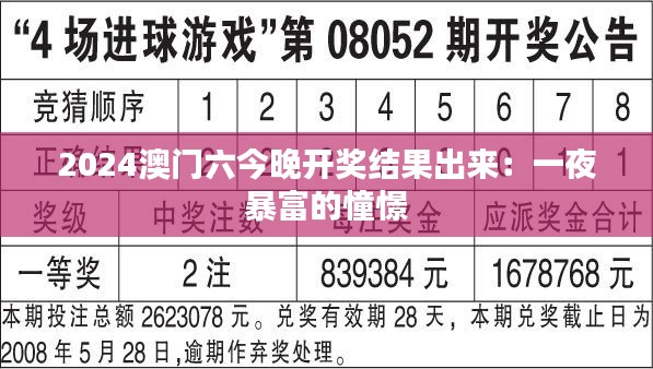 2024澳门六今晚开奖结果出来：一夜暴富的憧憬