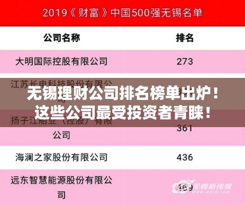 无锡理财公司排名榜单出炉！这些公司最受投资者青睐！