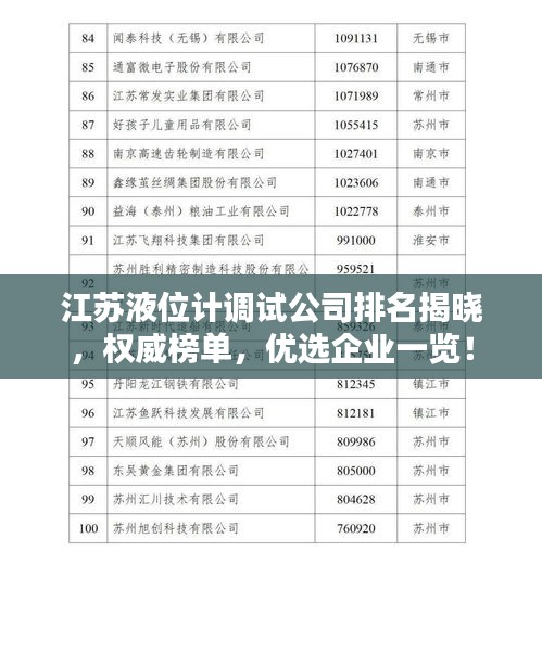 江苏液位计调试公司排名揭晓，权威榜单，优选企业一览！